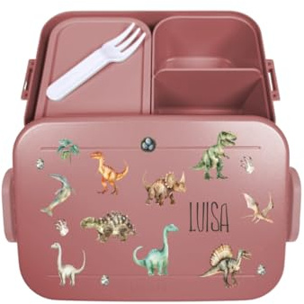 Mepal Bento Lunch Box Take a Break Personalizzato Dino, Contenitore per il pranzo con scomparti, contenitore per il pranzo con nome, set con stampa colorata dinosauro, rosso midi