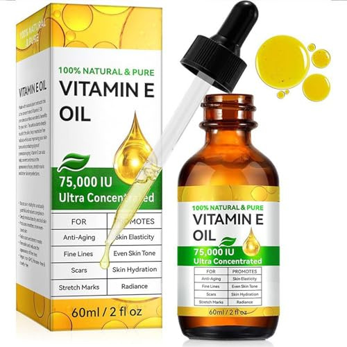 Vitamin E Öl - 75.000 IE Vegane Formel Vit E Hochdosiert - Spendet Tiefgehende Feuchtigkeit, Mildert Narben, Hautelastizität - Vitamin E Öl Bio für Kosmetik, Trockene Kopfhaut, Hair und Haut (60ml)
