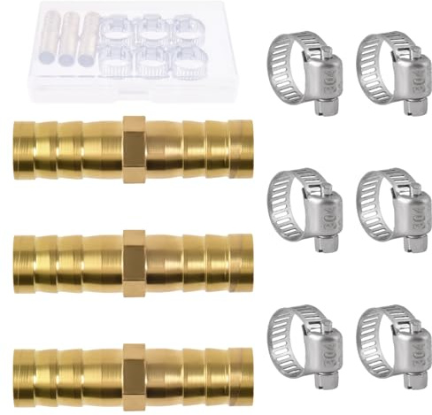 SPEEDWPX Reduzierstück für Schläuche, 3/8 Zoll (10 mm), Messing, Reduzierstück für Schläuche, Reparaturverbindungen, Union, mit 6 Edelstahl-Klemmschellen