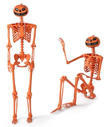 COSTWAY Halloween Deko Skelett, 158 cm, Skelette Kürbis mit beweglichen Gelenken & Seil, Lebensgroße Halloween Dekoration, Plastik, für drinnen, draußen, Friedhofspartys und Spukhaus-Partys, Orange