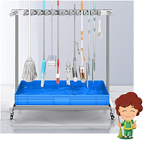 Movable Cleaning Tool Cart with Wheels, Floor Standing Organizer for Wet Mops and Brooms, Ideal for Garage, Garden, Hospitals, and Schools