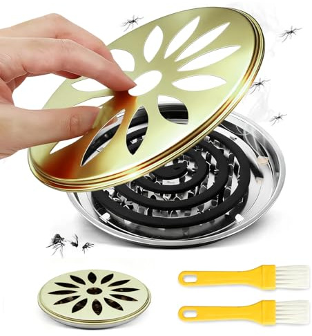 2PCS Support Bobine Moustique,Supports en Spirale de Moustiques en Acier Inoxydable,Bvec Couvercle,avec Brosse,Résistant au Vent et au Feu,pour Maison Camping Voyage