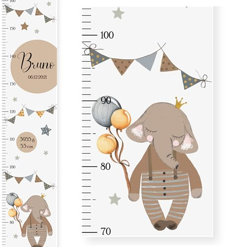 EmiliaLotte Personalisierte Kinder Messlatte Holz mit Wunschname & Daten I Messlatte Kinder 70-160 cm I Montessori Messlatte Kinder Weiß - Elefant I Messlatten für Kinderzimmer