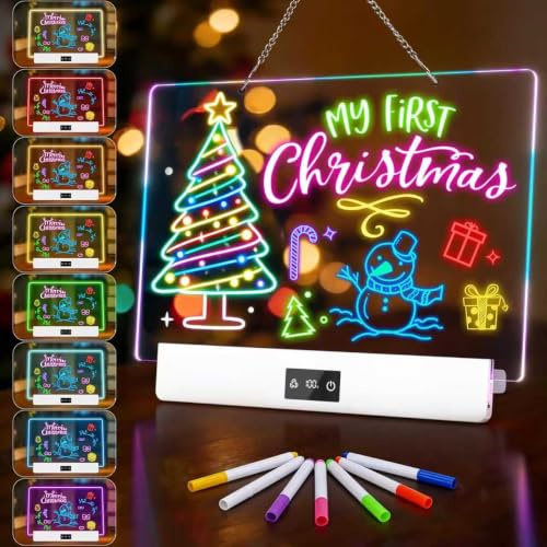 TURNRISE Tableau Lumineux Dessin Enfant - Ardoise Lumineuse 35x23cm avec 8 Couleurs RGB & 3 Modes Planche à Dessin LED Rechargeable, Support et Chaîne Inclus - Tablette Lumineuse Dessin