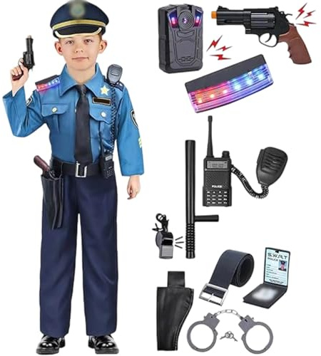 Nlaayong Polizei Kostüm Kinder mit Mütze Gürtel Polizei Ausrüstung Recorder Handschellen Sonnenbrille Walkie Talkie Polizei Spielzeug Halloween Karneval Kostüm für Jungen