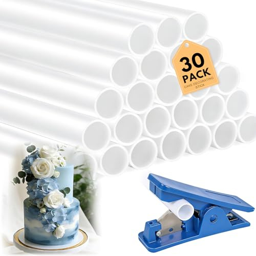 30PCS Cake Dowels Set, 11.8inch Plastic Cake Dowels for Tiered Cakes with Piper Cutter, Reusable Cake's Supports for Tiered Cakes, White Cake's Support Rods Dowel Rods for Stacking Supporting