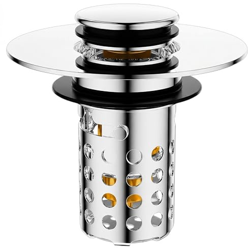 Waschbeckenstöpsel Pop Up mit Sieb, Universaler Abflussstopfen aus Edelstahl (28-40 mm), Stöpsel mit Haarsieb für Waschbecken in Bad und Küche