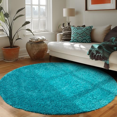 Carpettex Runder Teppich Wohnzimmer Hochflor Einfarbiges Design Langflor Shaggy Modern Flauschig, Farbe: Türkis, Größe: 200 cm Rund