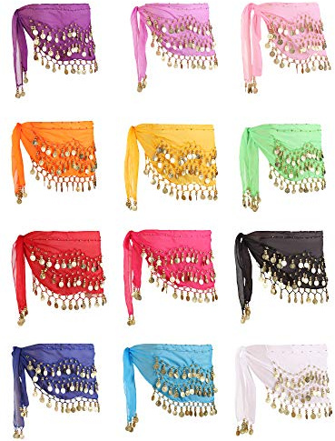 Zhanmai 12 Pieces Belly Dance Hip Scarf for Belly Dancer 12 Colors Waist Chain Dance Hip Scarf Belt with Dangling Coins (Gold Coins)