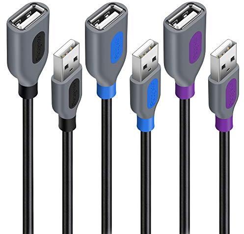 Fasgear USB 2.0 Extension Cable,3Pack 3ft/1m A Male to A Female Charging and Syncing USB Extender Cord for CCTV Security Camera/Webcam/Flash Drive/Hard Drive/Mouse/Printer(Black&Purple&Blue)