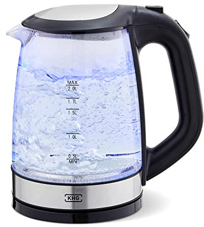 KHG Wasserkocher WK-1706 GES Glas, 2 Liter, LED Beleuchtung, Kalkfilter, Wasserstandsanzeige, Öffnen per Knopfdruck, Trockengehschutz & Abschaltautomatik, verdecktes Heizelement, BPA-frei, 2200 Watt