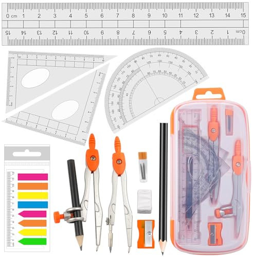Akuoly Geometrie Zirkel Set Akuoly Schulzirkel Geometriezirkel Mathematik mit 2pcs Zirkel, 2pcs Geodreieck, 15cm Lineal und Winkelmesser, Mathe-Geometrie-Set School Compass