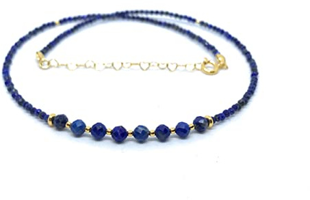 Naturstein Lapislazuli Halskette 925 Sterling Silber 24K vergoldet Länge 40cm verstellbar bis 45cm