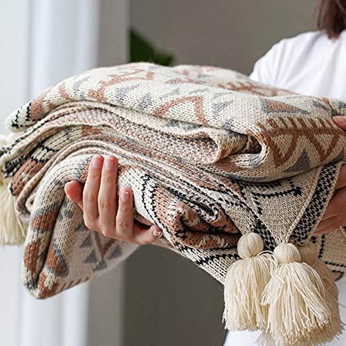 ELASAD Boho-Überwurfdecke, gestrickte Quaste, Vintage-Überwurfdecke, weiche, leichte, dekorative Überwurfdecke für Sofa, Couch, Bett und Wohnzimmer, alle Jahreszeiten (130 x 140 cm)