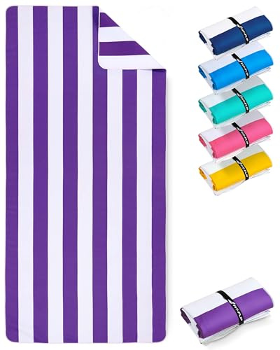 Fit-Flip Strandtuch XXL Mikrofaser leicht und schnelltrocknend | Violett-Weiß gestreift 200x90cm, Strandhandtuch, 100% recycelt, Badetuch groß, Reisehandtuch