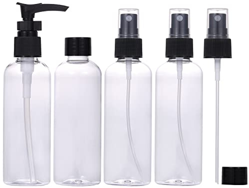 LUFEVRM 4 Stück Reiseflaschen Set,Verdicktes Plastik auslaufsichere,nachfüllbare,leere Sprüh/Pumpflaschen mit Deckel und transparenter Tragetasche,100ml Flaschen in Reisegröße für Shampoo,Parfüm