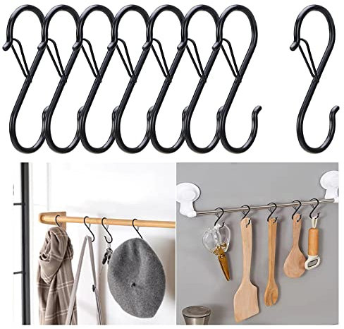 bonitacrylic 10 Pack S Shaped Hooks Metal for Hanging Heavy Duty Large Black 9 cm Long with Safety Buckle for Pan Utensil Closet Rod Outdoor Lights Kitchenware Bathroom Garden Office Plant
