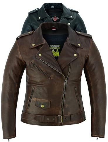 Texpeed Damen Leder Marlon Brando Rocker Retro Chopper Motorradjacke – Damen Touring Motorradjacke Mit Original Biker Rüstung (EN 1621-1) Schutz Braun - L