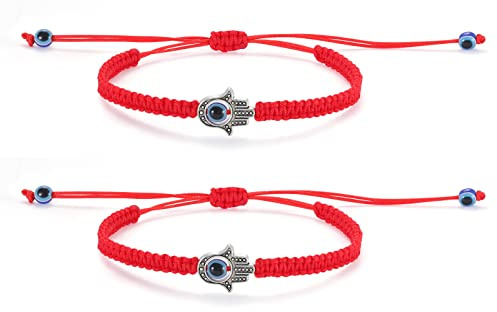 JewelryWe 2PCS Evil Eye Bracelets Set for Women Girls Red Black Thread Braided Hamsa Hand of Fatima Amulet Bracelets Lucky Jewelry for BFF Couple Family
