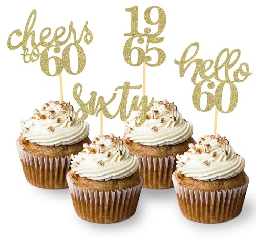 24 Stück Glitzer 60. Geburtstag Cupcake Topper Geburtstagsdeko von 1965 für 60 Geburtstagsfeier Zubehör Party Dekoration Kuchendekoration (Gold)