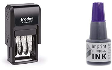 Trodat Printy 4810 Datumstempel, Monat in Buchstaben, 3.8 mm,Deutsche, Abdruckfarbe schwarz, 20 x 4 mm & Imprint Stempelfarbe zum Nachfüllen für Stempelkissen 9072M & 9073M, Wasserbasierend Violett