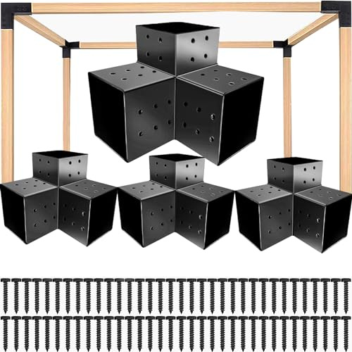 Nihoney Pergola-Halterungen, 10,2 x 10,2 cm, Holzarbeiten, Pergola-Hardware-Kit (4 Stück), 3-Wege-Schwarze rechtwinklige Eckhalterung für Verlängerungspavillon für 10,2 x 10,2 cm (tatsächlich: 9,1 x