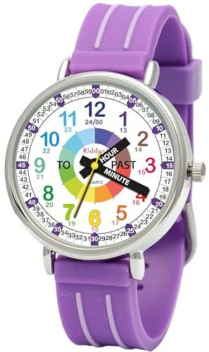 Kiddus Lernuhr für Mädchen Kinderuhr zum Lernen der Uhrzeit Analoge erste Uhr für Kinder ab 5 Jahren Uhrzeit Lehrer Übungen enthalten, Violettes Armband, A. English Handles, 3 ATM