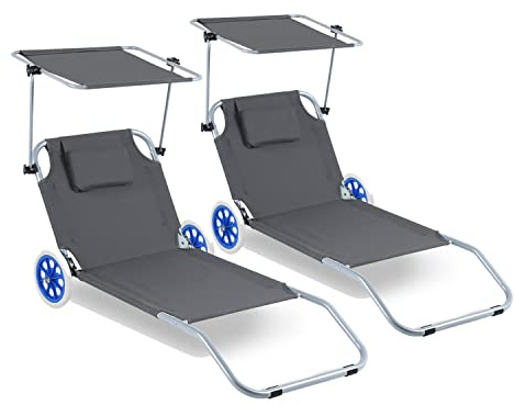 Ansobea 2X Sonnenliege klappbar mit Rollen,Aluminium Sonnenliege mit Sonnendach und Rückenlehne Verstellbar für Camping Freizeit Garten Strand (grau)
