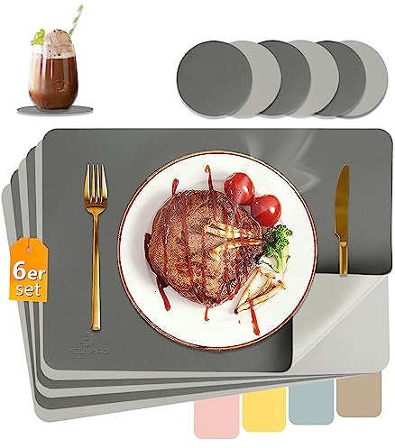 HELI MIAO Tischsets Abwaschbar,Platzsets Abwischbar, Leder,Hitzebeständig Doppelseitigen I 6er Set Platzdeckchen Lederoptik mit Untersetzer,Tischuntersetzer rutschfest,Anthrazit+Hellgrau