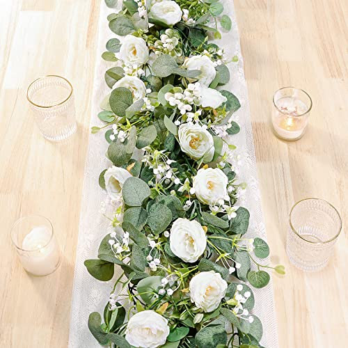 Betylifoy Guirlande Artificielle de Roses d'Eucalyptus 2PCS - Guirlande de Fleurs de Verdure pour Décor de Fête, Table, Toile de Fond de Mariage (Blanc)