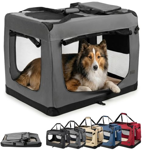 lionto Transportbur vikbar för resa & bil, 90x61x65 cm, stabil bur med bärhandtag & filt för katter & hundar upp till 22 kg, robust tygbur för små & stora husdjur, grå