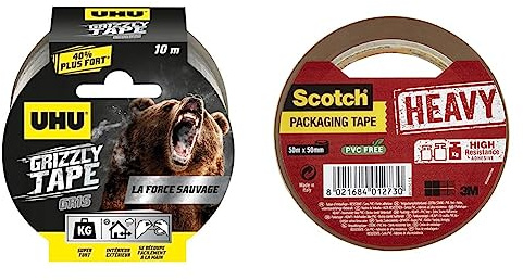 UHU Grizzly tape - Ruban adhésif toilé waterproof pour réparer, consolider, colmater, connecter, ultra fort et durable, gris, 10mx50mm & Ruban adhésif d’emballage Scotch pour fermeture