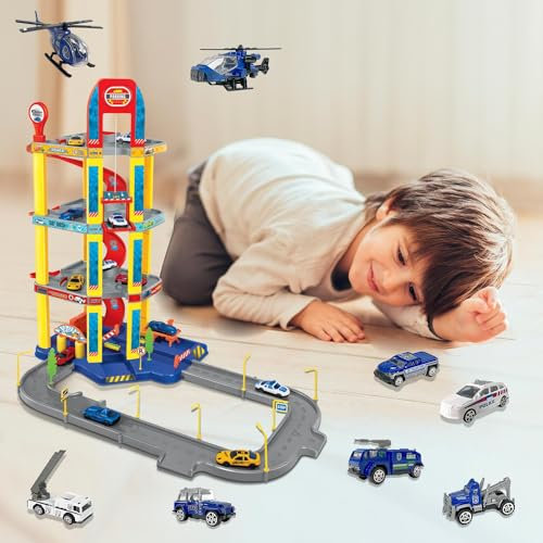 Xwin Kids Parking Lot Garage & 12 Cars Toy Set for Kids, Race Car Ramp Track with Lift Toy for 5 6 7 Year Old 4-Story Parking Playset Preschool Car GamesVehicle Playsets