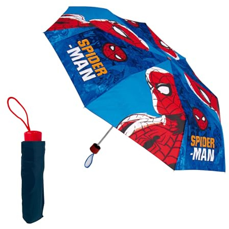 Marvel Spiderman Kompakter Faltschirm, Kinderschirm, Hochfeste Struktur, Klassischer Regenschirm im Spiderman Design – Rot