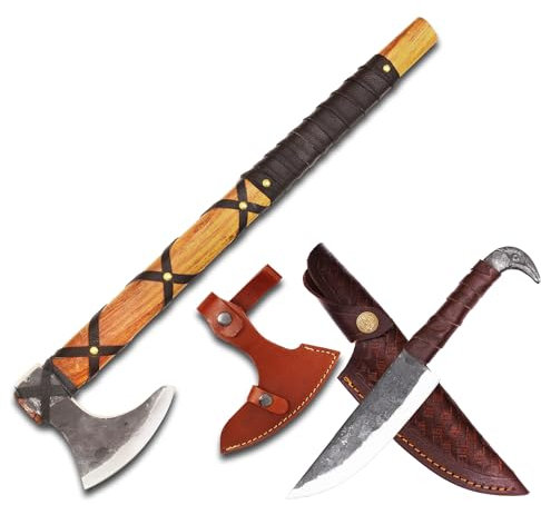 CraftTal 2 in 1 Wikinger-Axt mit Rabenkopf messer Geschmiedet 1095 Kohlenstoffstahl Palisandergriff Nordische Camping-Überlebensaxt mit leder scheide