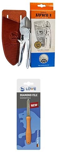 Original LÖWE 1 Set bestehend aus 100 Jahre Jubiläumsedition - Profi Gartenschere Amboss Schere 1.102 & Diamantfeile 0023 für Scheren, Äxte und Werkzeuge