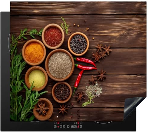 KitchenYeah© Herdabdeckplatte Einteilig Ceranfeld Abdeckplatte für | 58x51 cm - Induktionsschutz Ceranfeldabdeckung Vinyl Herdabdeckplatten Kräuter - Gewürze - Roter Pfeffer - Holzdruck