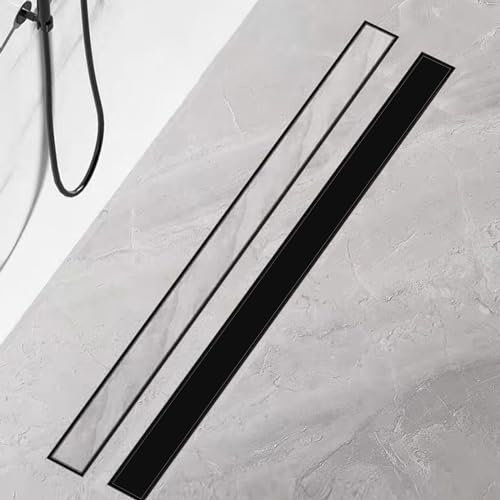 Duschrinne 70 cm, Edelstahl Schwarz Ablaufrinne Komplettset Extra flache befliesbare Duschrinne mit Haarsieb, Geruchsstop und 360° Drehbar Siphon