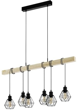 EGLO Pendellampe Townshend 5 6 flammige Vintage | Pendelleuchte im Industrial Design, Retro Hängelampe aus Stahl und Holz, Farbe Schwarz, braun, FSC zertifiziert, E27
