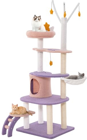 GOPLUS Arbre a Chat Design Mignon en Polaire Teddy avec Griffoirs en Sisal, 59 x 49 x 158 CM, Arbre à Chat à Multi-Niveaux, Perchoir Etoile de Lune, Condo, Hamac, Jouet Suspendu, Plateformes de Saut