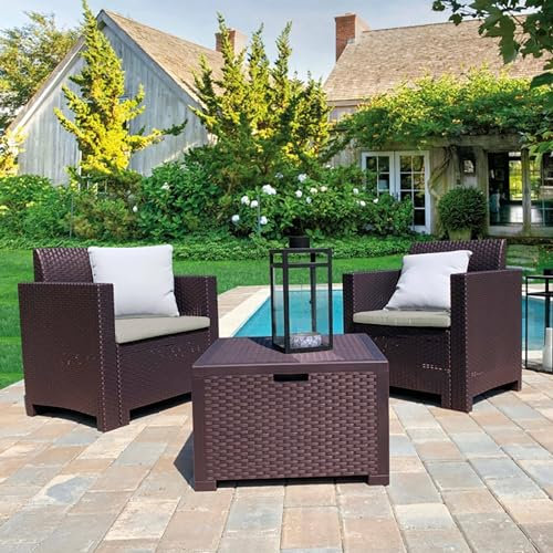Dmora - Loungeset für draußen Neptune, Outdoor-Lounge mit Couchtisch, Terrassenset mit Kissen, Gartenkomposition mit Sofa und Sesseln, Made in Italy, Braun