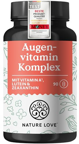 NATURE LOVE® Augenvitamin Komplex - 90 Kapseln mit Vitamin A - mit Lutein, Zeaxanthin und Vitamin E - vegan, hochdosiert, ohne unnötige Zusätze - in Deutschland laborgeprüft