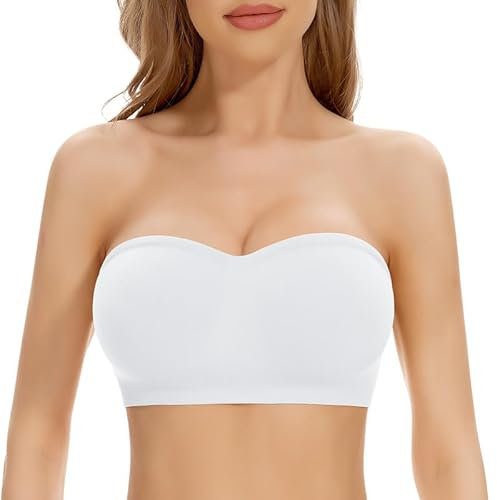 Cavotor Strapless Push Up Bra for Women Bandeau Bra Padded Stay Up Non-Slip Silicone Supportive Strapless Bras for Bigger Bust Non Wired Comfort Bralette (White,S)