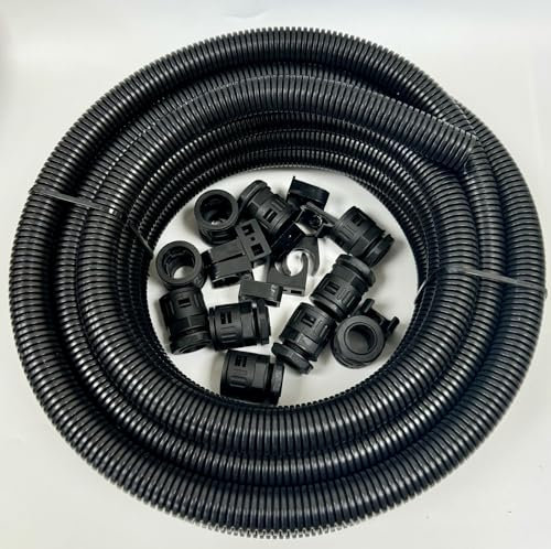 Black 25mm Flexible Conduit Contractor Pack 10 Metre Length &10-Glands &10-Spring Clip Saddles Complete Installation Pack. Underground Burial, External Trunking, Electrical Ducting, Cable protection