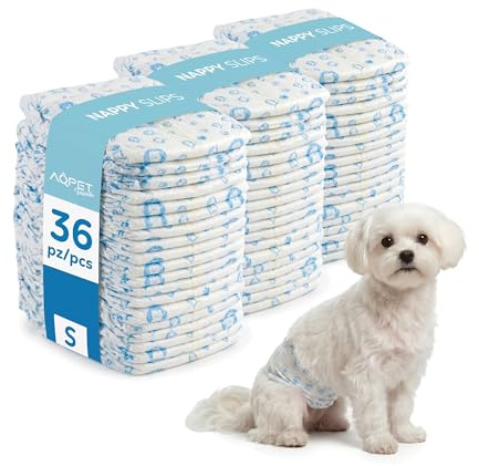 Aqpet Pañales higiénicos con Banda Braguita para Perros machos con Cierre Adhesivo Ajustable, antiolores, Desechables, Talla pequeña, 420 x 175 mm, Paquete de 36 Unidades