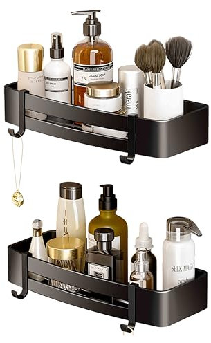 yoloctoct Shower shelf No Drilling 2 pieces 30cm Rustroof organiser bathroom organizer with 4 Hooks for Kitchen & Bathroom Livingroom organiser(black)