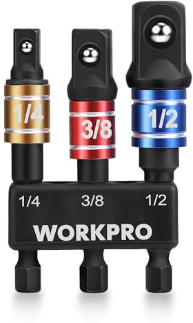 WORKPRO 3-tlg. Stecknuss Adapter, Steckschlüssel-Adapter, 1/4 Sechskantschaft-Bitadapter mit Halter, 1/4, 3/8 und 1/2 Antrieb, Schlagschrauber-Adapter für Kfz-Bohrmaschinen und Schlagschrauber
