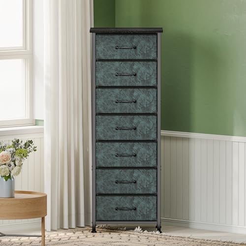 Fixwal Tall Dresser for Bedroom, Storage Dresser Organizer with 7 Fabric Drawers, Nightstand Furniture in Closet, Entryway, Hallway, Vintage Green