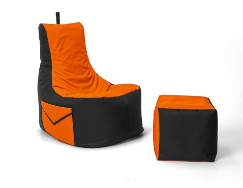 Nadimaideal Gaming Sitzsack XXL mit Hocker für Kinder, Teenager & Erwachsene | Indoor & Outdoor | Bodenkissen - Sessel - Beanbag bereits gefüllt | Füllung EPS Perlen (Orange, Zweifarbig)