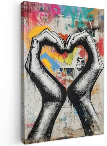 MuchoWow© Cuadros Decoracion Salon Modernos Dormitorios Cuadro Decorativos | 80x120 cm - de Lienzos Decorativo Decoración Cabecero Cama Manos - Corazón - Arte callejero - Graffiti